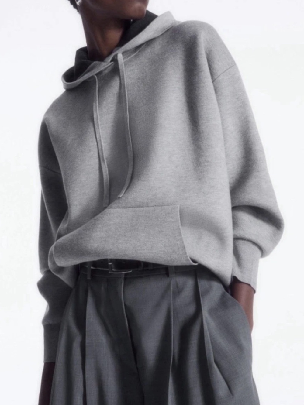 COS Double Faced Knitted Hoodie Modern Casual Pullover Sweatshirt Grey Unisex XS